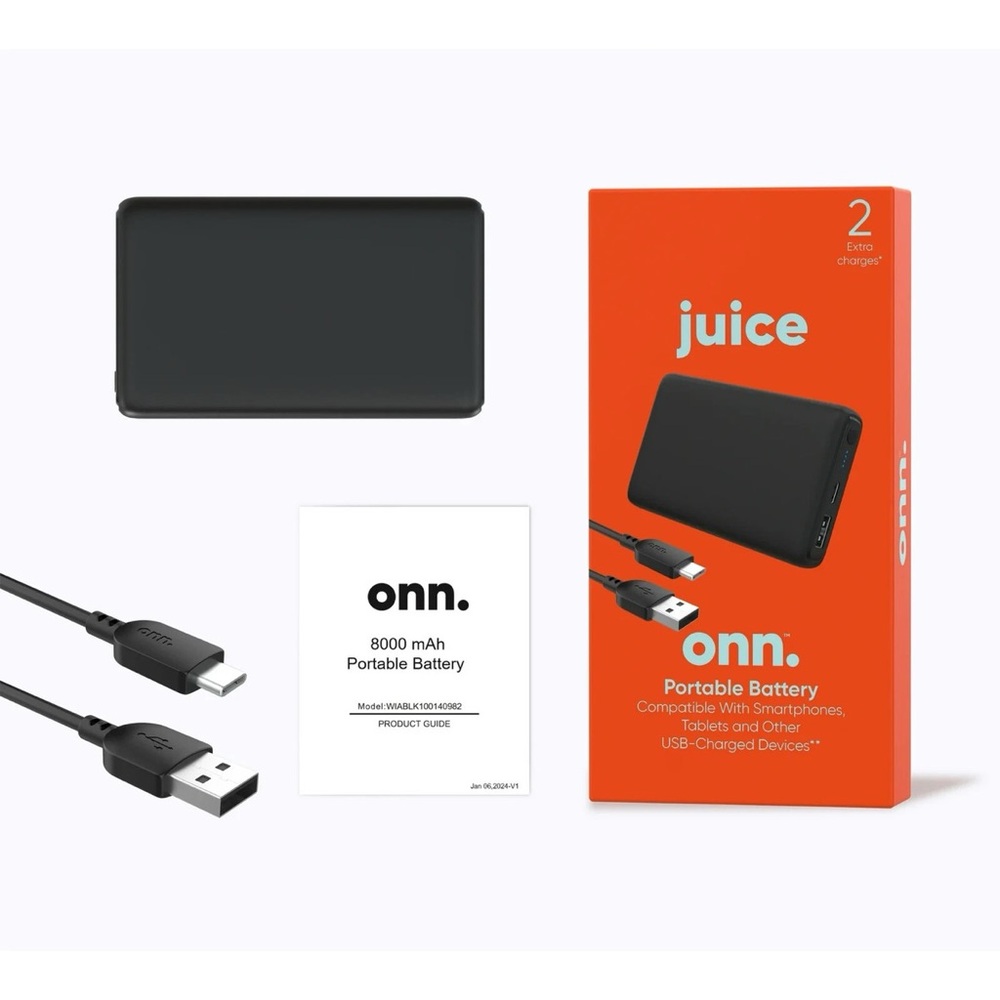 onn. 8000mAh Black Portable Battery, Power Bank with USB A to C Charging Cable
